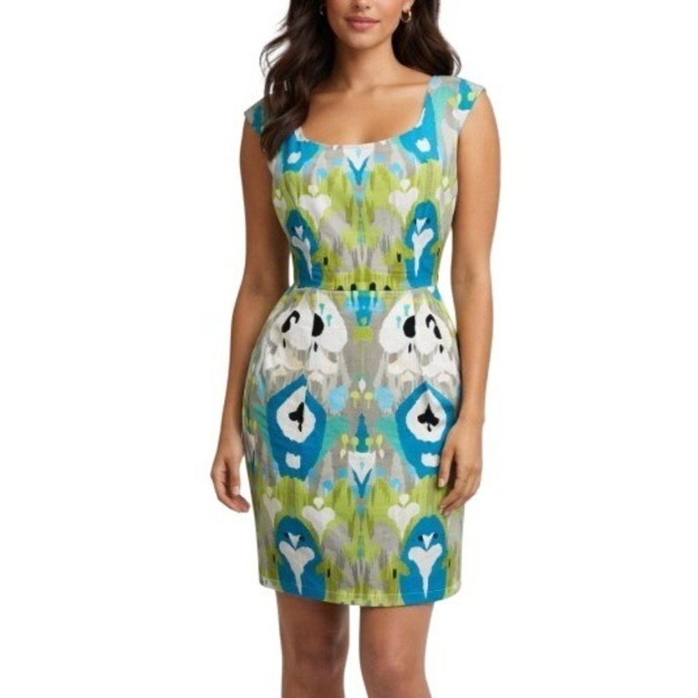 Maggy London Sheath Dress Women 8 Multicolor Abstract Ikat Print Colorful Modern